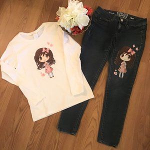 Women Sets Fashion L/S Printed T Shirt + Jeans